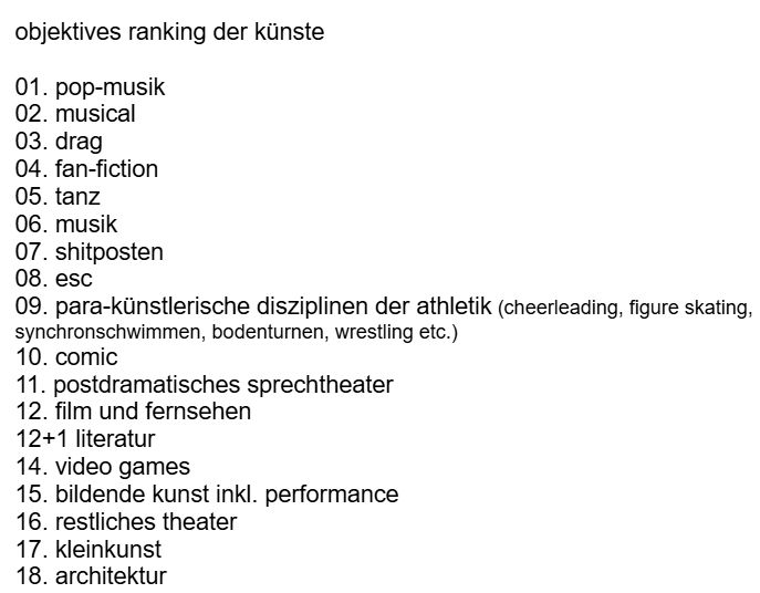 screenshot des folgenden textes:

objektives ranking der künste

01. pop-musik
02. musical
03. drag
04. fan-fiction
05. tanz
06. musik 
07. shitposten
08. esc
09. para-künstlerische disziplinen der athletik (cheerleading, figure skating, synchronschwimmen, bodenturnen, wrestling etc.)
10. comic
11. postdramatisches sprechtheater
12. film und fernsehen
12+1 literatur
14. video games
15. bildende kunst inkl. performance
16. restliches theater
17. kleinkunst
18. architektur
