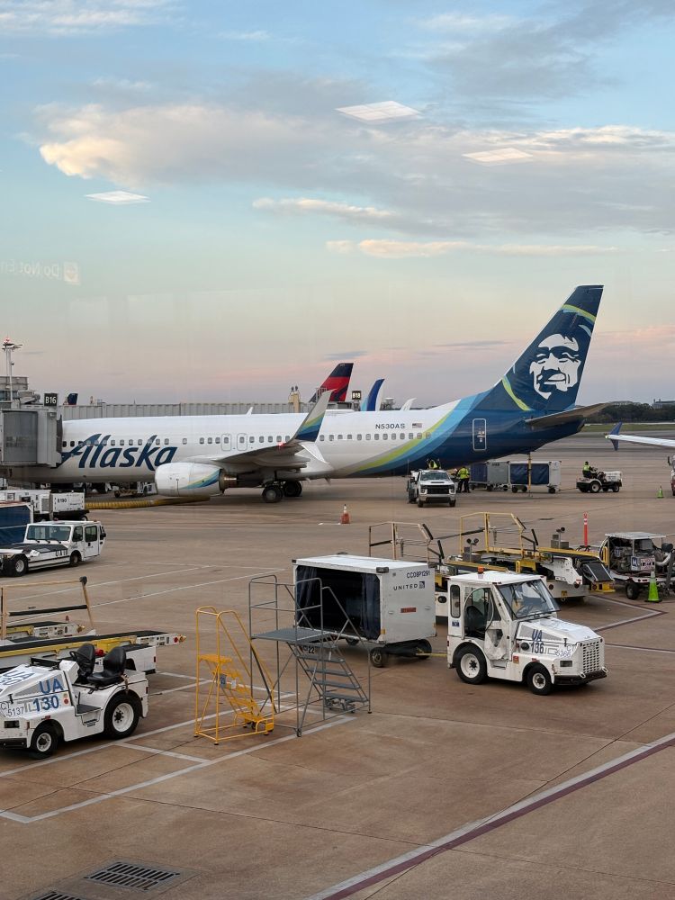 Alaska Airlines plane at dusk. 