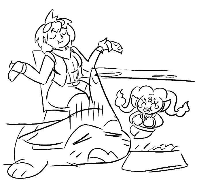 furret (in lisa's body) simply shrugs with an air of "well, nothing i can do", whilst eating lisa's pizza. lisa (in furret's body) sits defeated on the ground, as under the table, ely'ka eats the pastry and giggles.