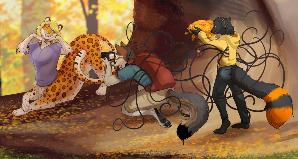 Nakk is posing for Shira's picture, as Kas sneaks up behind with a bunch of leaves. 

Art by Skippy Lynn