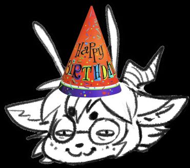 A cropped image of lili's sona's head, taken from a drawing parodying a common meme image of the first creature to evolve onto land, and how it should be pushed back into the water. I have added a png of a birthday party hat atop this cropped head shot.
