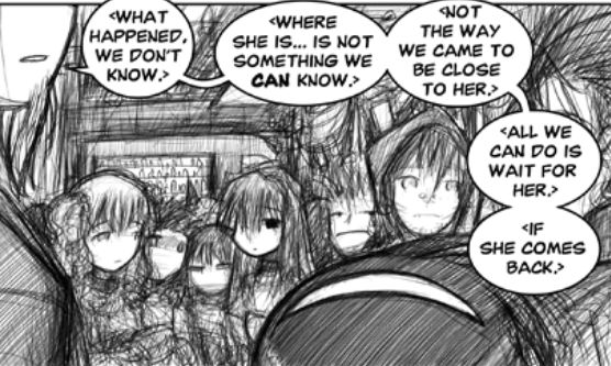 In the Cave of Evil nightclub, Kenji leads Yuki through the crowd of clubbers toward his office while he talks to her about the missing Miho.
Kenji: <What happened. We don't know. Where she is... is not something we CAN know. Not the say we came to be close to her. All we can do is wait for her. If she comes back.>