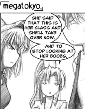 In Mugi's science classroom at school, Mugi and Largo glare at each other while Erika sits nearby translating for them.
Erika: She said that this is her class and she'll take over now. And to stop looking at her boobs.