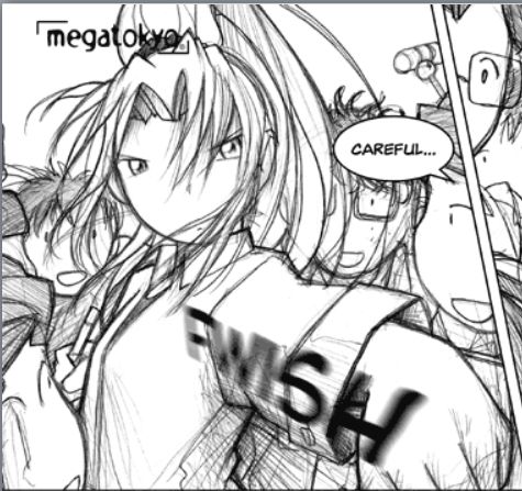 Amidst a excited crowd of Hayasaka fanboys inside the MegaGamers store, Erika takes a swing at Dom, who had been making subtle threats against Kimiko to her in english.
Dom: Careful...