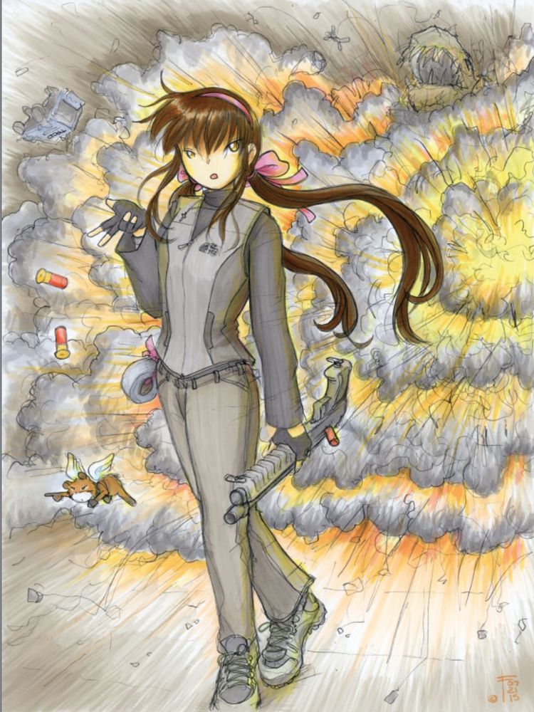 A color artwork of Yuki from the Unnecessary Explosions series. She is wearing her tactical magical girl outfit of long sleeve dark shirt, lighter grey vest, grey fingerless gloves, pants, and sneakers. Her hair is in twintails held by a pink ribbon and bow. Her left hand is holding the barrel of a shotgun down by her leg, and her right is open scattering shotgun shells. Boo flies ahead of her at about knee height, pointing ahead, and with a determined look on his face. Behind them is a large explosion.