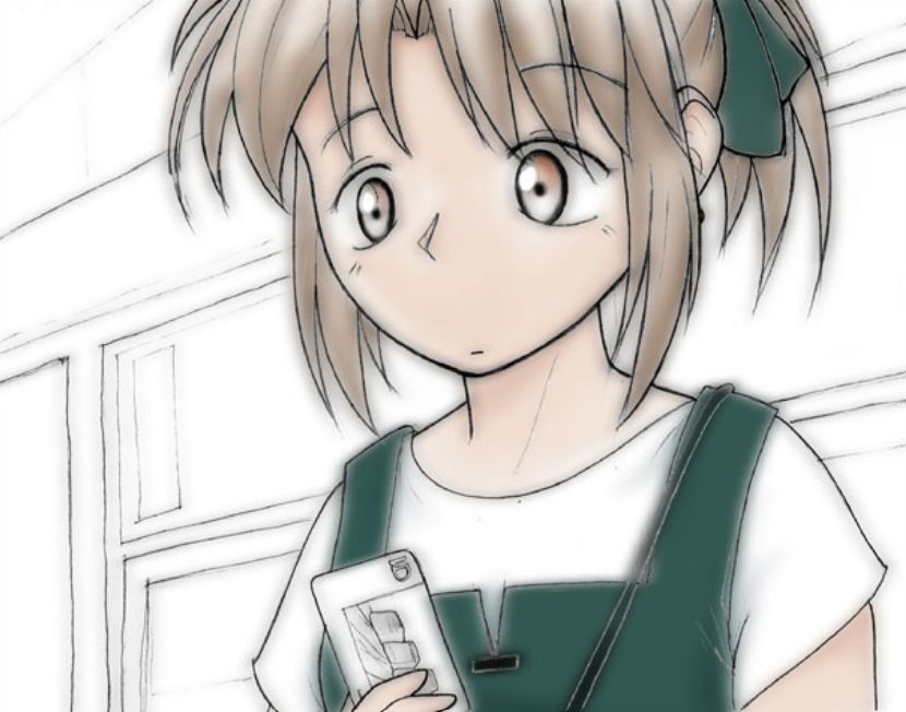 A color drawing of Kimiko in the rail station holding the rail card that Piro had just given her and looking surprised. She is wearing a dark green dress over white tshirt and a matching green bow in her hair.
