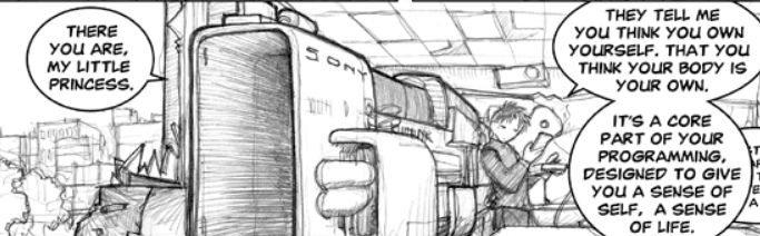 In Largo's classroom at the school, Ed stands with his back to his Sony KillTrunk plasma cannon which is through the hole in the wall that a previous blast had created. In his right hand, he holds a monitor that is showing Ping among the crowd outside as the target for the cannon, and in his left is the control button.
Ed: They tell me you think you own yourself. That you think your body is your own. It's a core part of your programming, designed to give you a sense of self, a sense of life.