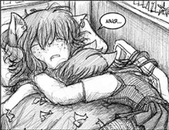 In Mugi's room at the hospital, Mugi is asleep in bed with the covers pulled up to her chin and covered in the origami foxes that Junpei had left behind. Yaku is laying partially on top of head buried against Mugi's chest, having had a frightening day escaping from the ninjas.
Mugi: Nng... 