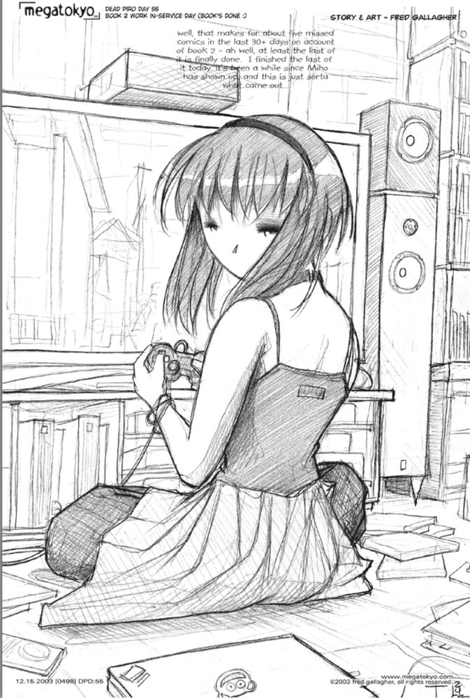 Dead Piro Day artwork of Miho, who is wearing a dark top with spaghetti straps, a knee length skirt, and leggings as she sits cross-legged close in front of the tv holding a playstation controller. The tv sites on a low bookcase holding various electronics, on top is another control box, to the right is a set of stacked speakers, and behind her and scattered around are her laptop and various books or game boxes.