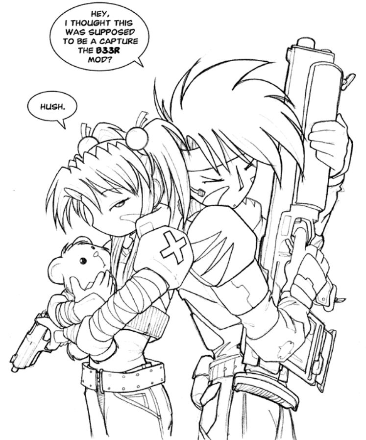 Piroko and Largo stand back to back in Quake, with Largo holding a big shotgun pointing upwards and Piroko holding a pistol in her left hand and a teddy bear in both arms.
Largo: Hey, I thought this was supposed to be a Capture the B33r mod?
Piroko: Hush.
