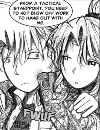 At the MegaGamers store, Erika puts Largo's camo jacket over his shoulders and shoos him off to work.
Erika: From a tactical standpoint, you need to not blow off work to hang out with me.