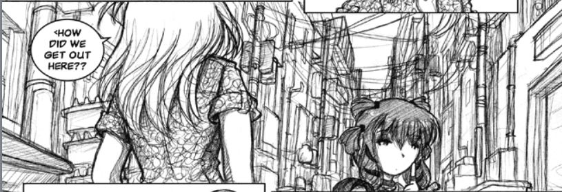 In a back street after Miho had rescued Kimiko from Ed blowing up the Detroit Cafe coffee shop, Kimiko wears a nice print blouse and talks to Miho who is wearing hair ribbons, four pigtails, and a cute backpack.
Kimiko: <How did we get out here?>