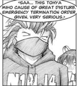 In Mugi's hospital room, Junpei looks grim as Mugi asks him to help Miho. Megumi looks smitten by the handsome ninja while Yaku and Kimiko also listen.
Junpei: <Saa... This Tohya Miho cause of great disturb. Emergency termination order given. Very serious.>