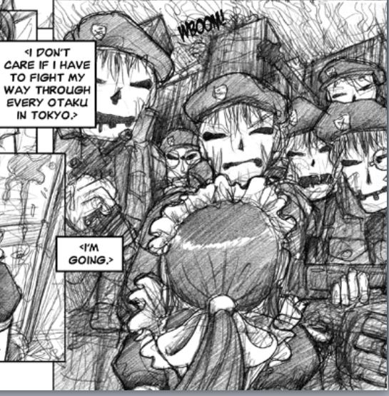 At the Magical Meido cafe, Yuki wears her maid waitress uniform disguise and stands just outside the exit after the other waitresses had started questioning who she was. In front of her are a crowd of zombie rangers, wearing ranger berets, uniforms, and heavily armed. In voiceover, we hear Piro telling the Nanasawa Protection Coalition that he is going to the Animate store in Ikebukuro for Kimiko's event.
Piro: <I don't care if I have to fight my way through every otaku in Tokyo. I'm going.>