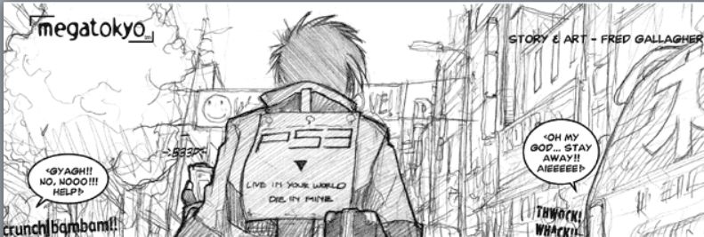 Ed walks down a street toward the MegaGamers store wearing a jacket with a popped collar that reads "PS3 Live in your world, die in mine" on the back. He is carrying a case in his right hand, a tracking device in his left, and is armed with a shotgun. To his left and right, members of the Hayasaka Fan Club are being attacked by vending machines controlled by Largo.
Fan: <Gyagh!! No, nooo!!! Help!>
Fan: <Oh my god... stay away!! Aieeeee!>