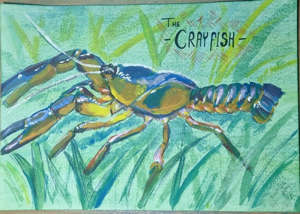 Painting of a crayfish sitting in some grass