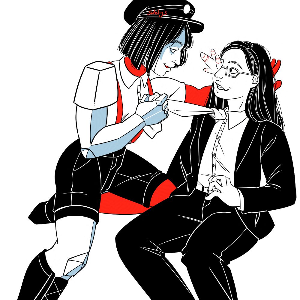 Digital fanart of Ena and Coral Glasses from the game "Ena Dream BBQ". Coral Glasses sits, visibly flustered, as Ena grabs her tie and pushes her against a wall, smiling. 