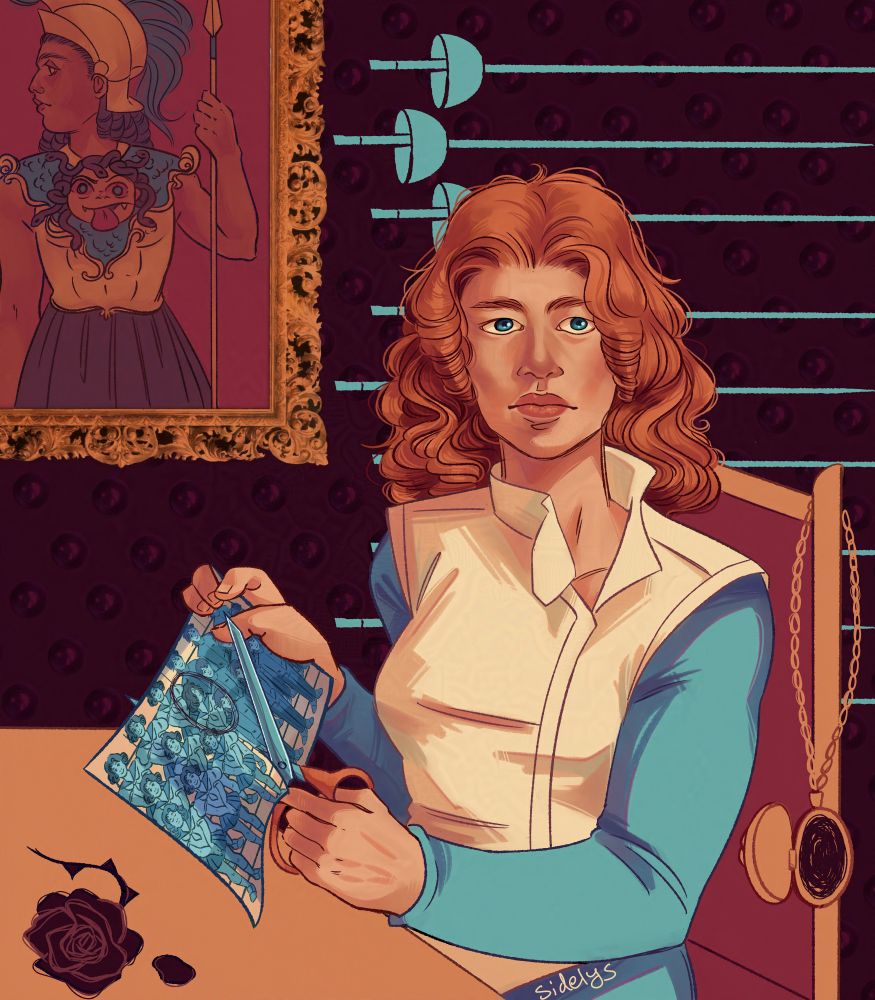 A digital illustration of Juri Arisugawa from Revolutionary Girl Utena. Juri sits at a table in her fencing uniform, face turned towards the viewer. She is cutting Shiori Takatsuki’s face out of their class photograph, and the empty locket hangs from her chair. Behind her on the wall are nine fencing swords, and a painting of the Ancient Greek goddess Athena. Athena’s face is turned to the side, but the gorgon head on her breastplate faces forwards.