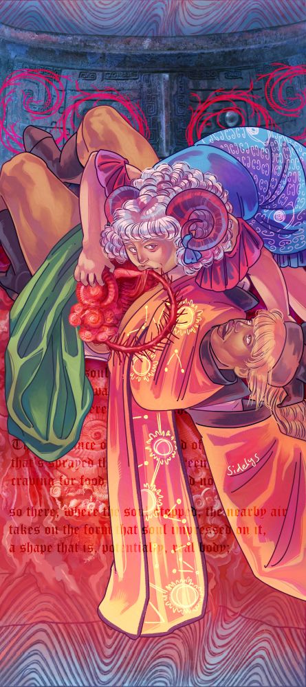 A piece of digital Touhou Project fanart, depicting Yuuma Toutetsu eating Okina Matara's organs. Okina's organs are collaged from photographs of fossils such as ammonites. In the background is a bronze vessel with a design of a horned animal on it, a montage of fossils collaged and coloured to look like organs, and a scientific diagram showing layers of geological strata. Barely-visible text reads "so there, where the soul stopped, the nearby air takes on the form that soul impressed on it, a shape that is, potentially, real body."