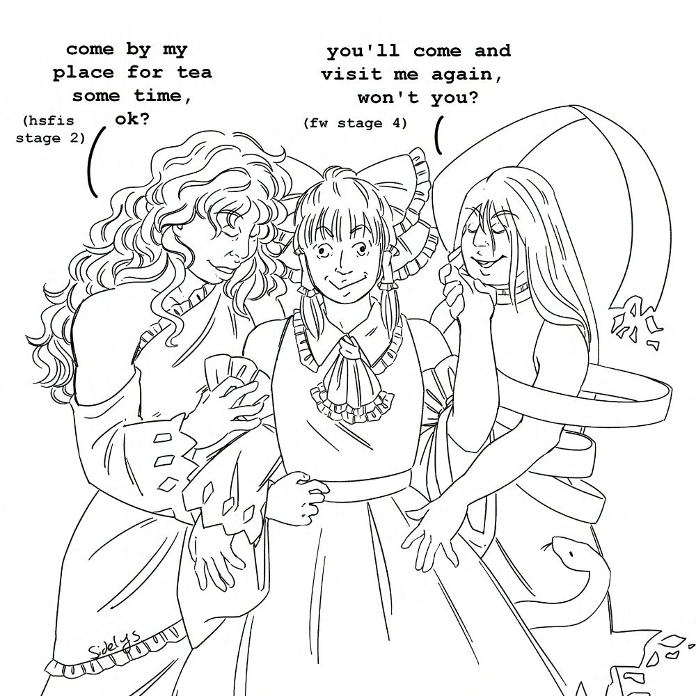 Digital Touhou Project fanart. Reimu Hakurei stands between Nemuno Sakata and Yuiman Asama, both of whom are grabbing her affectionately. She has a confused smile on her face. Nemuno says "come by my place for tea some time, ok?" and Yuiman says "you'll come and visit me again, won't you?"