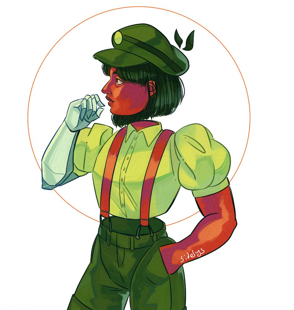 Image Description: A digital illustration of ENA from the game "ENA Dream BBQ." She has red skin and limbs which float detached from her torso, and stands looking to the side. 