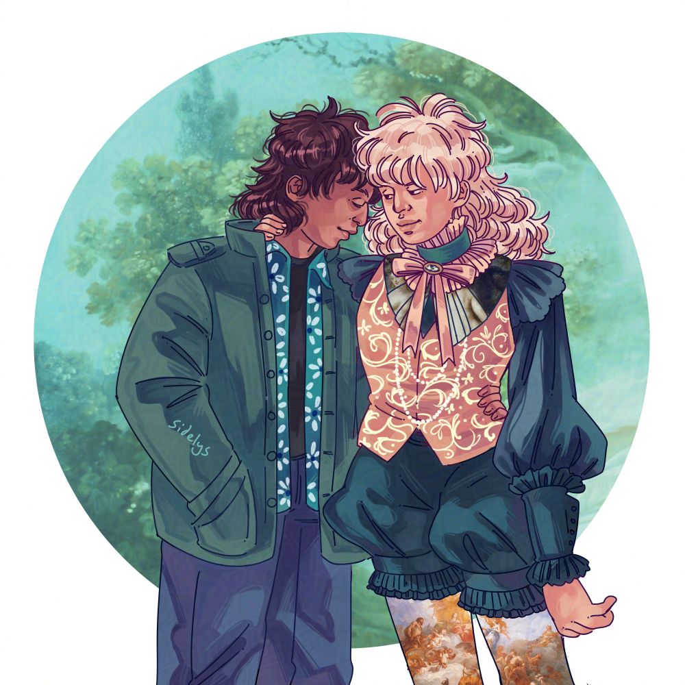 Digitally drawn fanart of Rei Askaka and Kaoru Orihara from Oniisama E. Kaoru is wearing a dark green jacket over a floral shirt and jeans, and Rei is wearing poofy shorts with a golden waistcoat and a black shirt with huge lacey sleeves. They have their arms around one another.