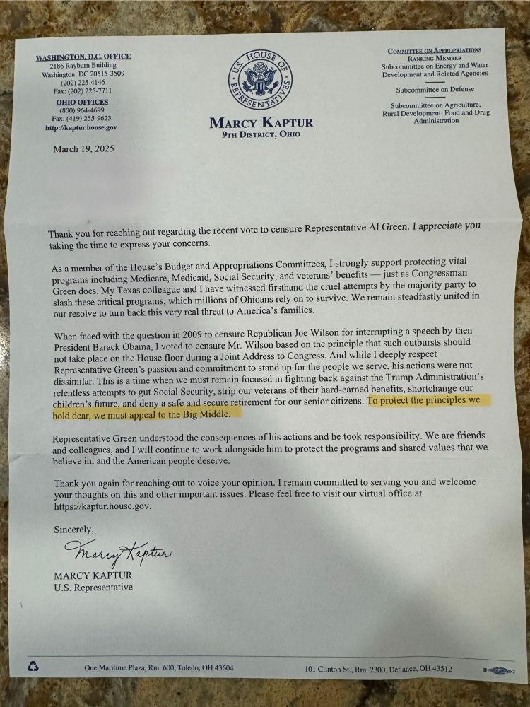 Letter from US House of Representatives, congress person Marcy Kaptur of the 9th district of Ohio’s reply to why she voted to sensor congress person Al Green after the joint address held in early March.