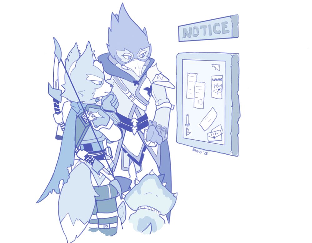 Fox McCloud and Falco Lombardi in RPG style clothes. Fox is dressed as an archer and Falco as an assassin. They are looking at a Mission board for quests