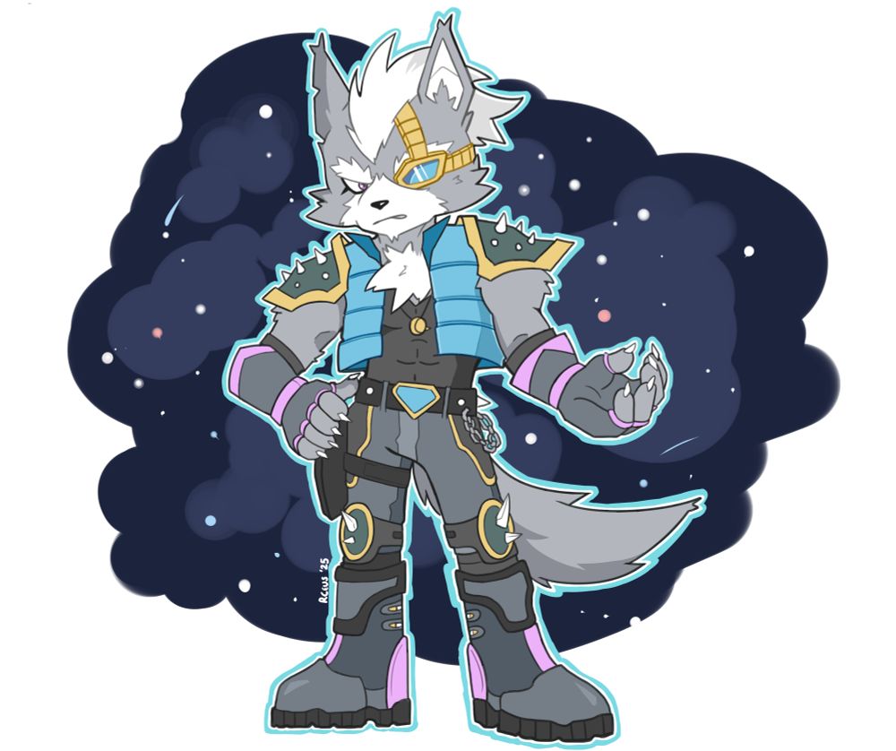 Fanart of Wolf O'Donnell from Star Fox. His outfit is very reminiscent of his Smash Bros outfit, which consists of a blue vest, spikes shoulder pads, a black tight shirt with black pants. His boots are black with purple accents.