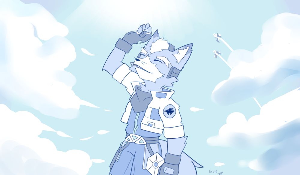 A picture of Fox McCloud standing looking up at the sun with his eyes closed. His right hand is up above his head as if to block the sun from getting in his eyes. Behind him is a cloudy background with the clouds circling around tthe sun that is straight up above. Two Arwings are flying through the clouds
