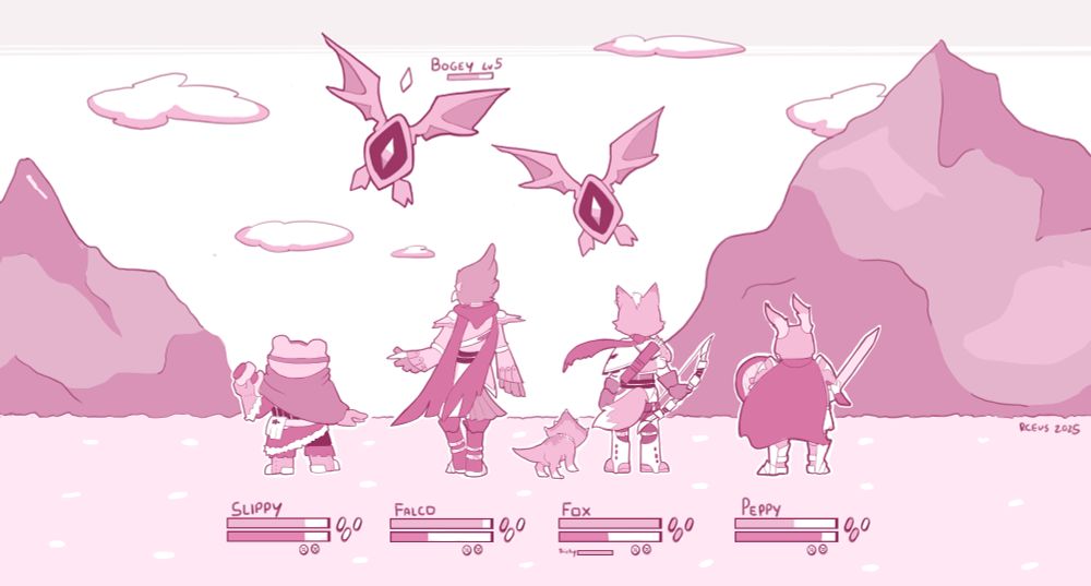 Star Fox characters in a classic RPG turn based mock up. Slippy is a machinist, Falco is an assassin, Fox is a ranger, and Peppy is a knight. They are facing two flying enemies with one eye called a Bogey. They are on a plain with mountains that resembles their home planet Corneria in a fantasy setting