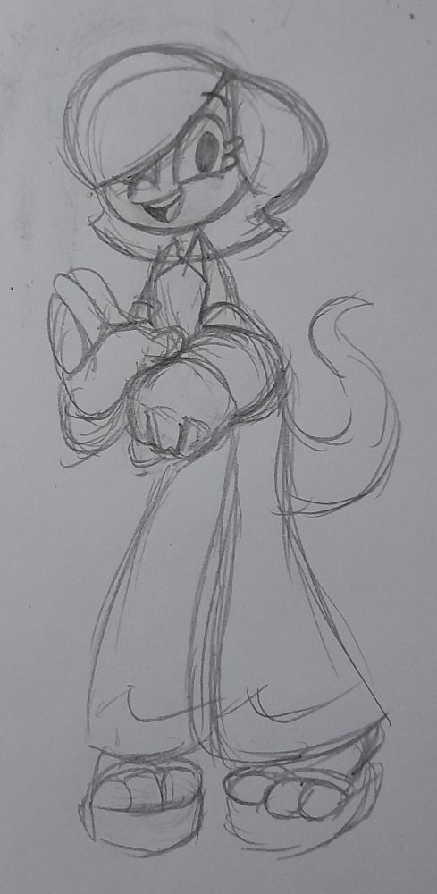 Sketch of Clara, standing shyly and waving at the viewer with her right hand and closing fist with the other