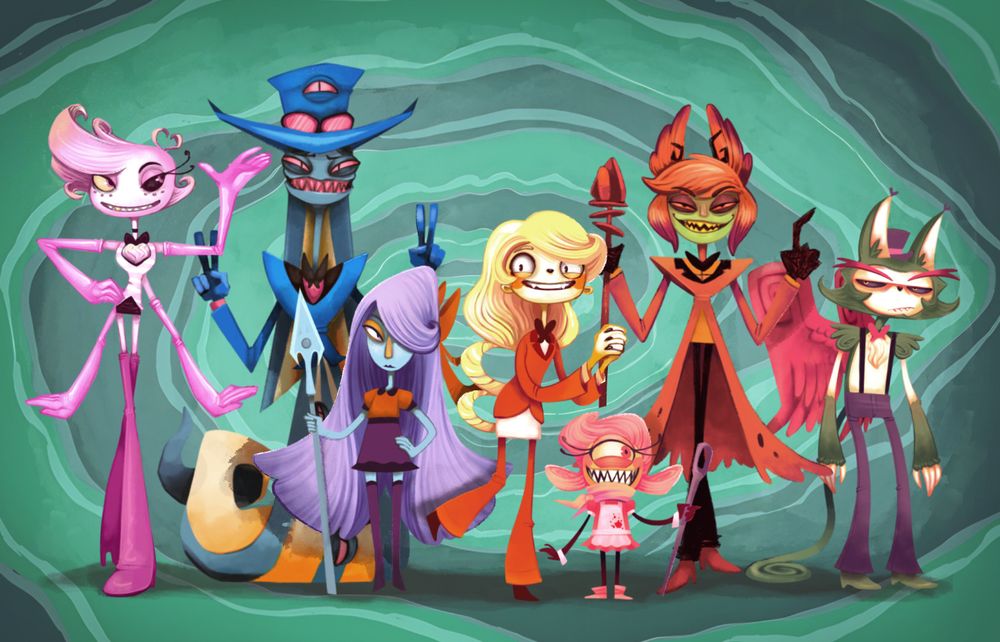 The main cast of hazbin hotel in the style of the video game Psychonauts