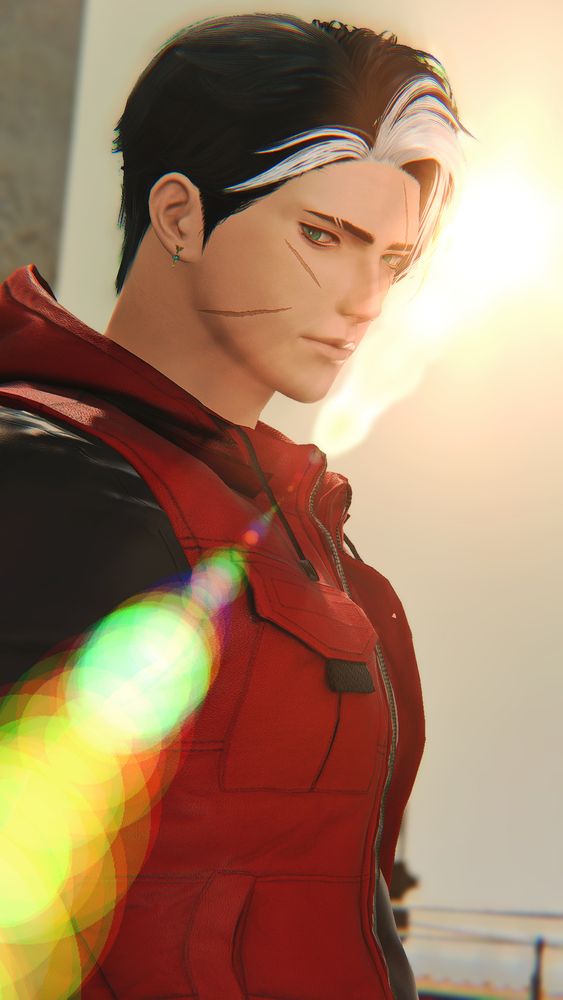 Jason Todd a.k.a Red Hood depicted in Final Fantasy Fourteen in front of sunlight
