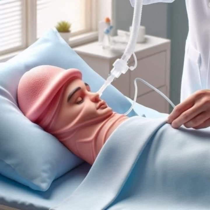 An image of a penis lying in a hospital bed.  Just below the glans there is a peaceful sleeping face with tubes going in and out.  It is implied the penis is on life support.