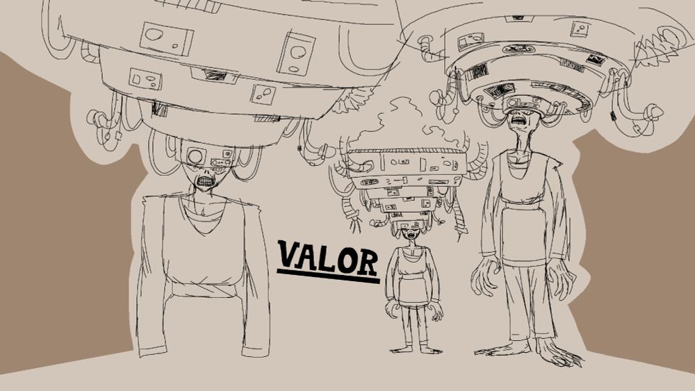 Rough sketches of a withered-looking man with a giant mechanical apparatus attached to his head.