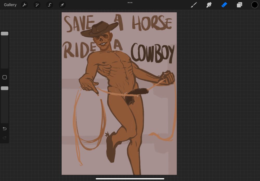digital drawing of the ghoul from amazon prime fallout show, he is drawn naked except for his gloves and texan boots as a pinup girl, leaning against a fence, holding a rope with each hand, his hog rests on it