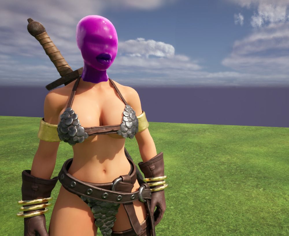 UE5 screenshot of a player in a chainmail bikini, leather gloves, and a sword on their back, with a pink slime hood on their head.  They're standing in a test level - a plane with a generic repeating grass texture and sort of a gray blue cloudy sky.
