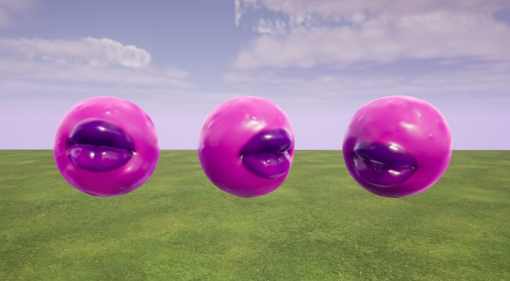 UE5 viewport screengrab showing a pink shiny sphere with very glossy plump purple lips from 3 different angles.  It's in one of the test maps with a default generic sky and green grass plane in the background.  