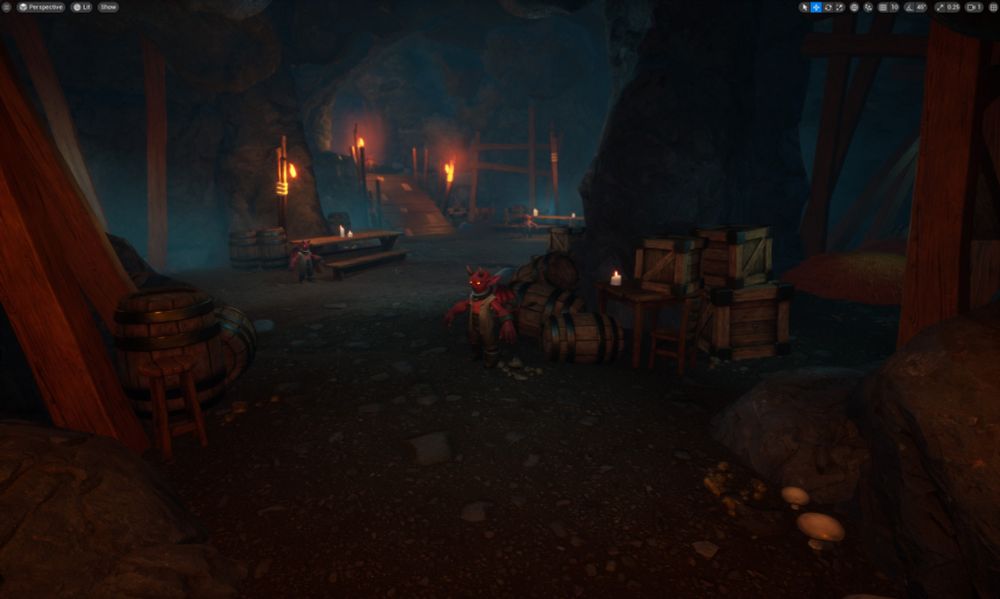 UE5 in game screen grab.  A dimly lit cave in oranges and pale blues.  The cave is cluttered with barrels, crates, and a few bits of furniture.  Imps standing in tpose are scattered throughout the scene to get a sense of scale.  