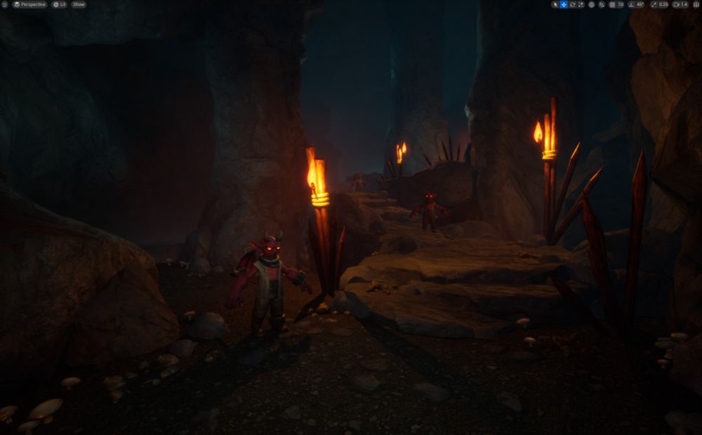UE5 viewport screengrab.  Another dimly lit cave.  This time there's a rough path, almost stair like ascending in the center of the image.  This path is lit by a couple of torches and wooden spikes.  The top of the path isn't visible, blocked by a stone pillar but an ominous orange glow leads the player's eye to that goal.  
A few imps stand in tpose throughout the scene to give a sense of scale.  