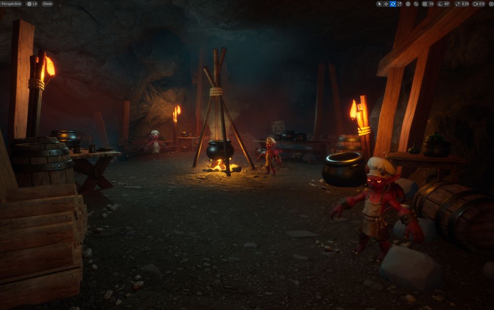 UE5 viewport screengrab of the same imp cave interior I've been working on for the last few weeks.  This room is the kitchen / cooking area for the imps.  Along the walls there's a lot of clutter of barrels, crates, tables, wood piles, and different pots and pans.  In the center of the room is a lit fire with a cooking pot suspended over it.  There are imp cooks in tpose at various points around the scene to give a sense of scale.  The whole scene is dimly lit, in oranges and green blue and there's a lot of smoke / fog in the scene.