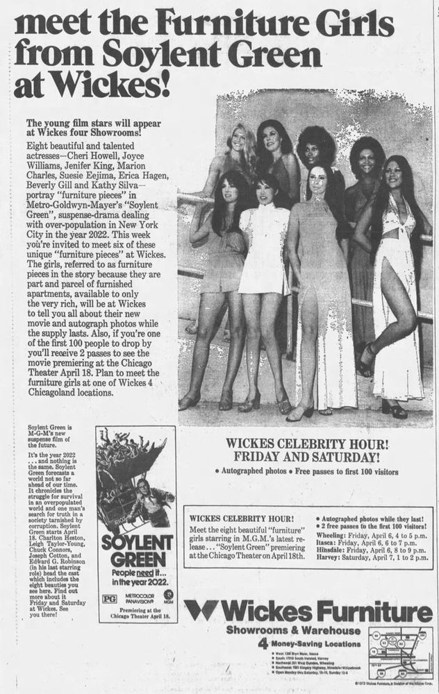 Ad for Soylent Green promotional event at Wickes Furniture