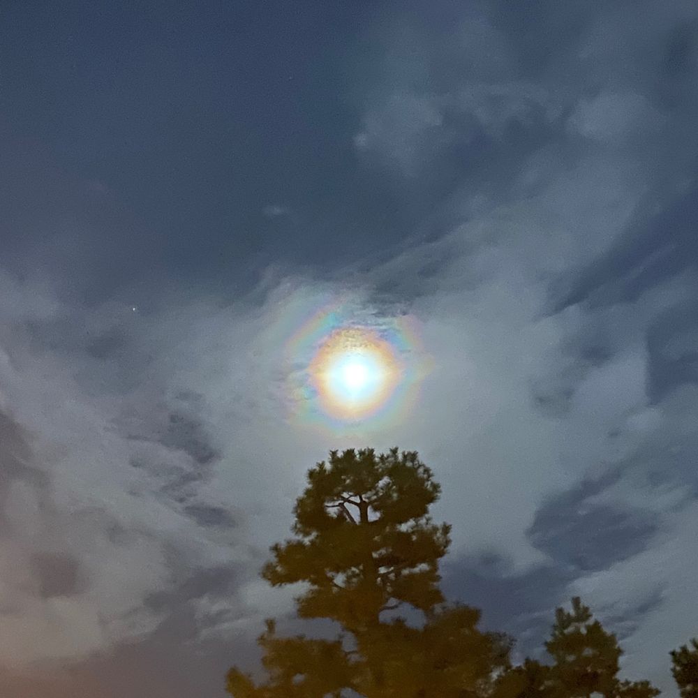 うっすら雲の向こうに月
虹色の輪がかかってるように見える