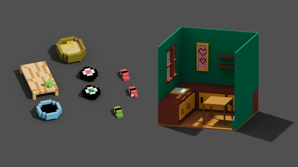Voxel art of some sushi and a kitchen