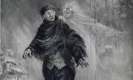 A Victorian pencil sketch of a man wrapped up in warm clothing being touched on the shoulder by a ghost.