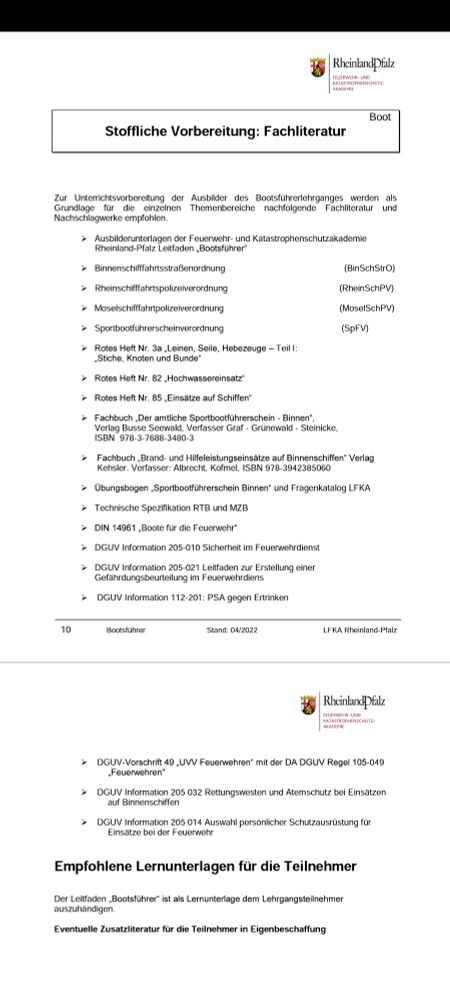 Übersicht Fachliteratur Feuerwehr Bootsführer