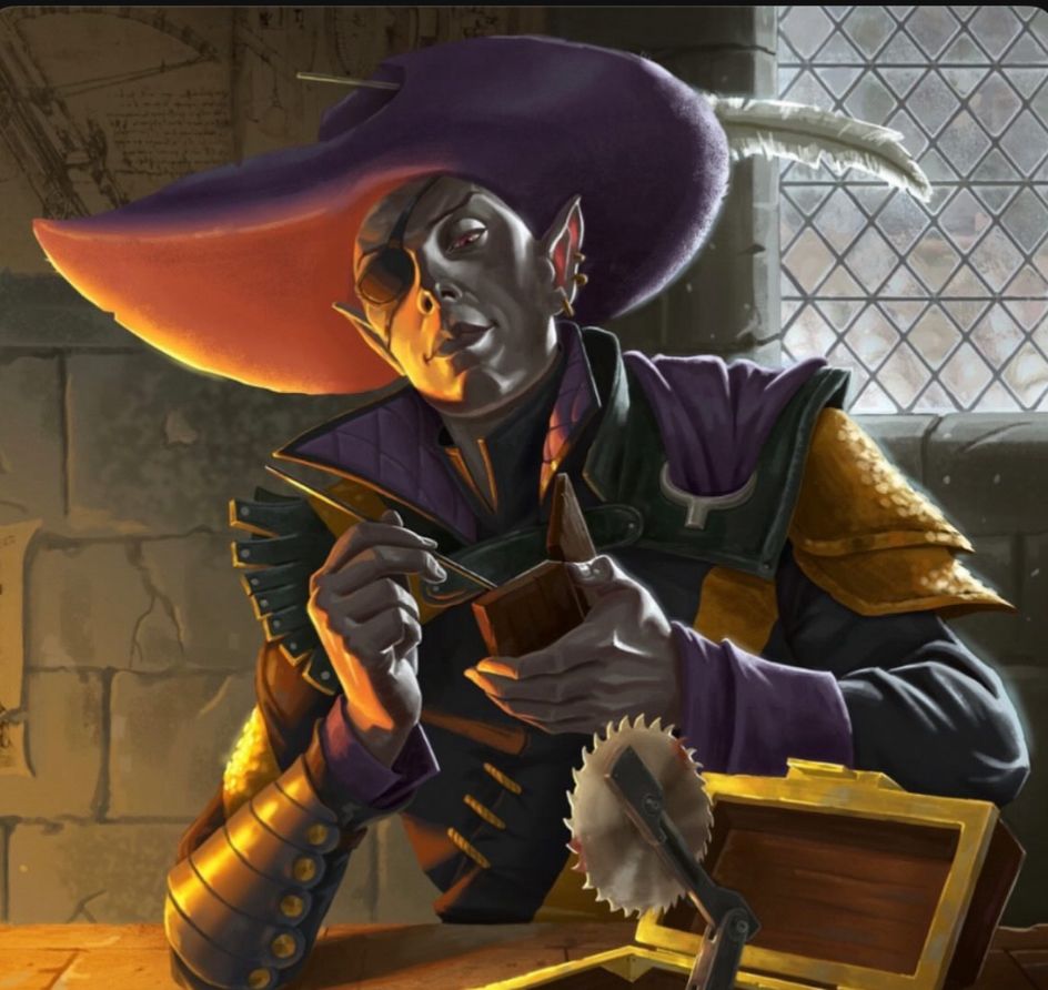 The flamboyant dark elf, Jarlaxle Baenre, scrolls through this app on his phone. Just kidding it’s a little trap or something he’s working on but it looks like a little phone. He has a big hat on.