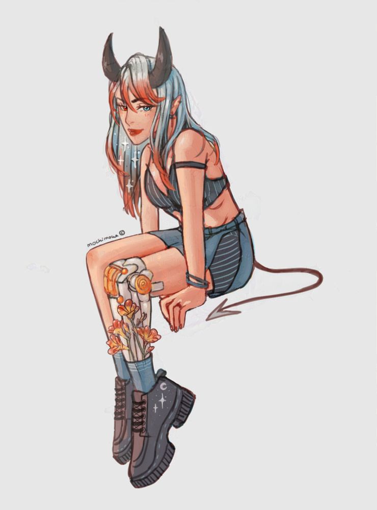one of my ocs. she has a synthethic leg and is a demon! 