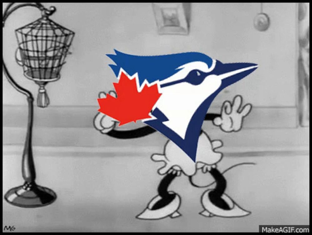 a cartoon drawing of a blue jay with a red maple leaf on its head